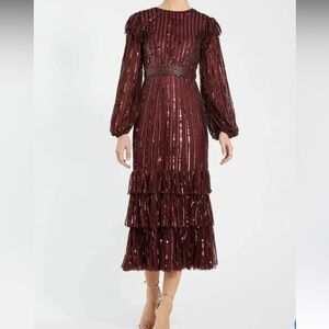 NWT Mac Duggal Sz 4 Red Long Sleeve Ruffle Detail Sequin Dress